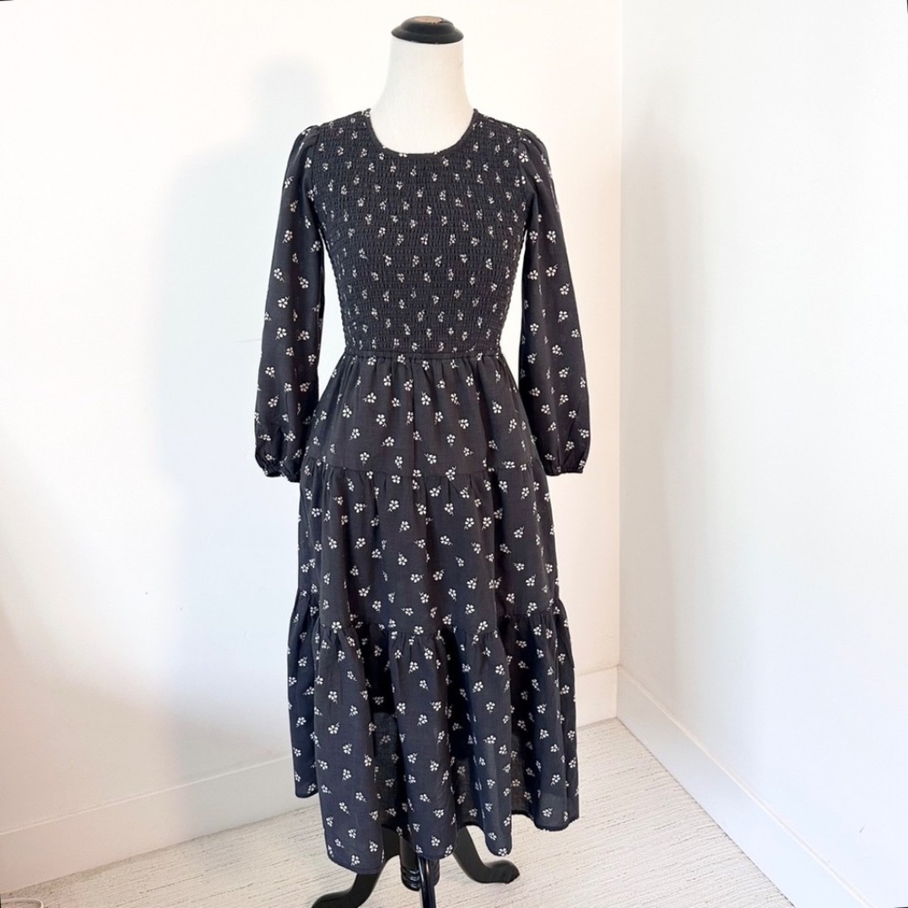 MARINE LAYER Camille Womens XS Gray Midi Dress Smocked Ditsy Floral Cottagecore - Picture 3 of 14